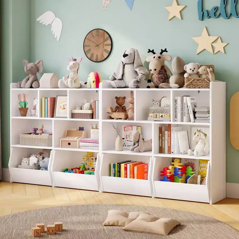 Libreria per Bambini con 5 Scomparti Aperti e 2 Cassetti con Ruote – Colore Bianco/Legno Naturale, Montaggio da 1 Persona