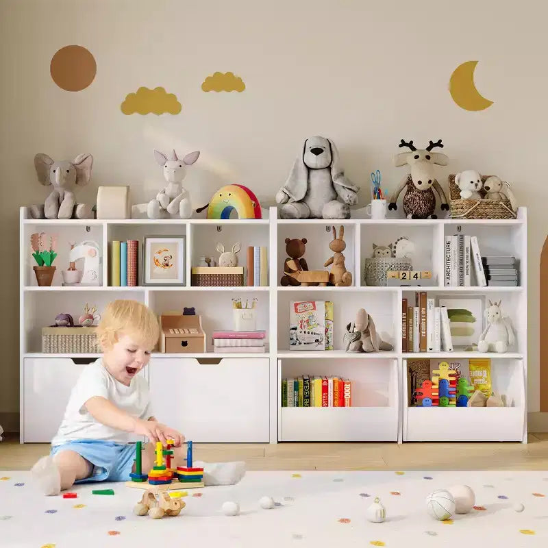 Libreria per Bambini con 5 Scomparti Aperti e 2 Cassetti con Ruote – Colore Bianco/Legno Naturale, Montaggio da 1 Persona