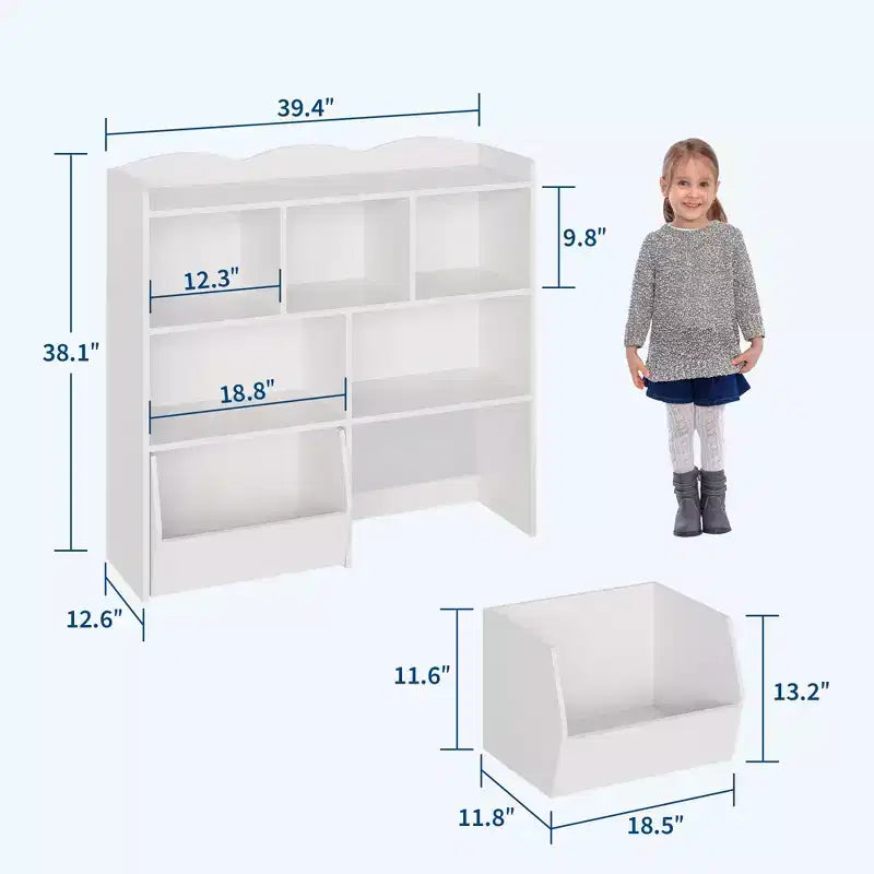 Libreria per Bambini con 5 Scomparti Aperti e 2 Cassetti con Ruote – Colore Bianco/Legno Naturale, Montaggio da 1 Persona