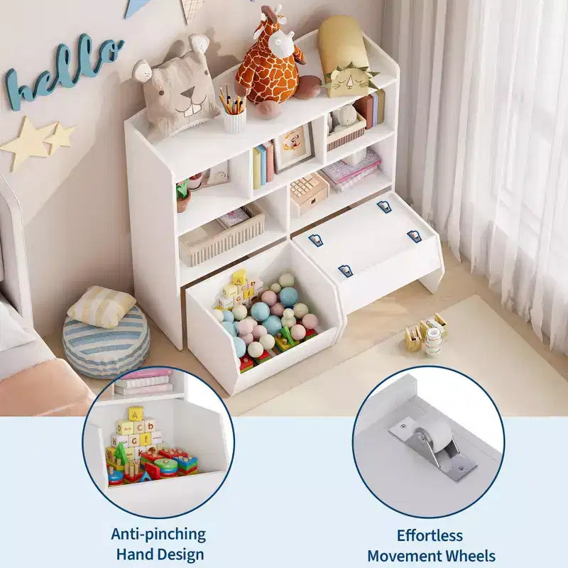 Libreria per Bambini con 5 Scomparti Aperti e 2 Cassetti con Ruote – Colore Bianco/Legno Naturale, Montaggio da 1 Persona
