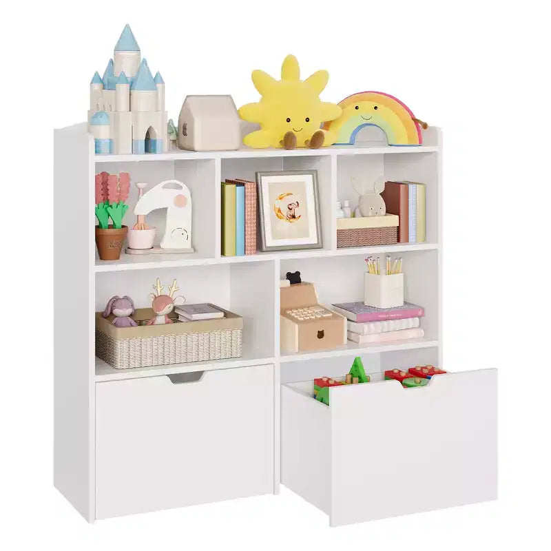Libreria per Bambini con 5 Scomparti Aperti e 2 Cassetti con Ruote – Colore Bianco/Legno Naturale, Montaggio da 1 Persona