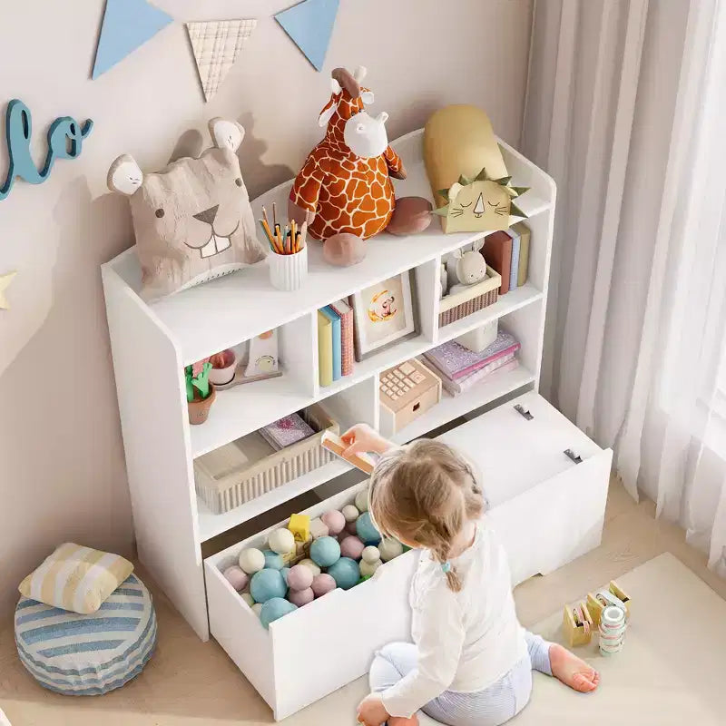 Libreria per Bambini con 5 Scomparti Aperti e 2 Cassetti con Ruote – Colore Bianco/Legno Naturale, Montaggio da 1 Persona