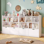 Libreria per Bambini con 5 Scomparti Aperti e 2 Cassetti con Ruote – Colore Bianco/Legno Naturale, Montaggio da 1 Persona