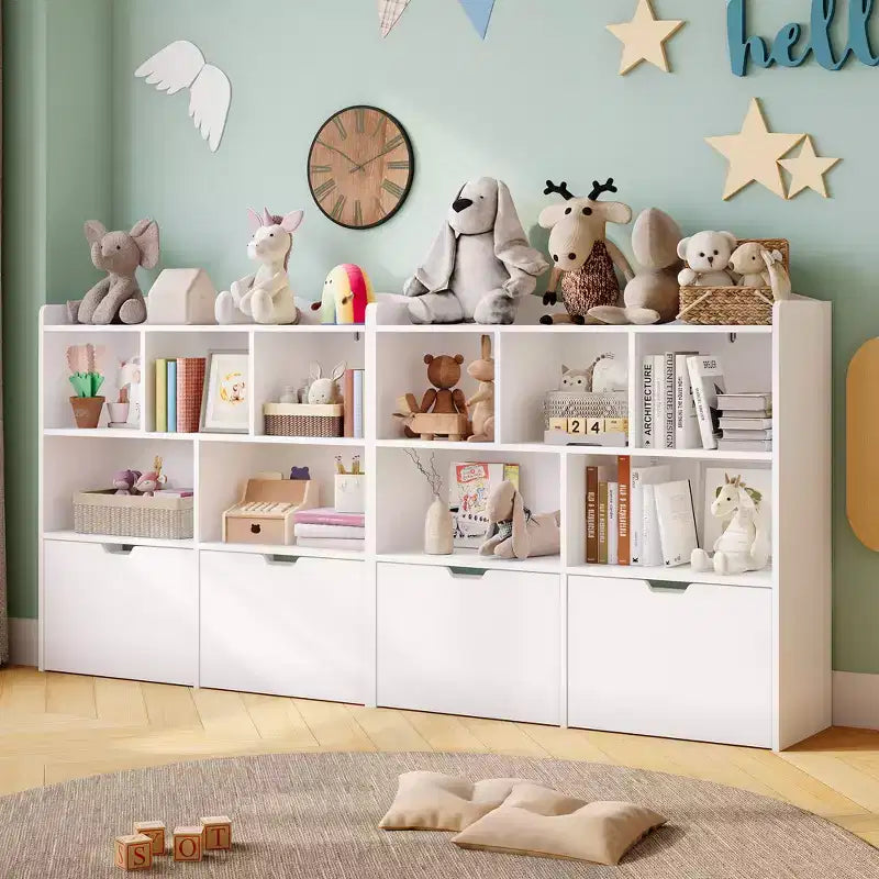 Libreria per Bambini con 5 Scomparti Aperti e 2 Cassetti con Ruote – Colore Bianco/Legno Naturale, Montaggio da 1 Persona