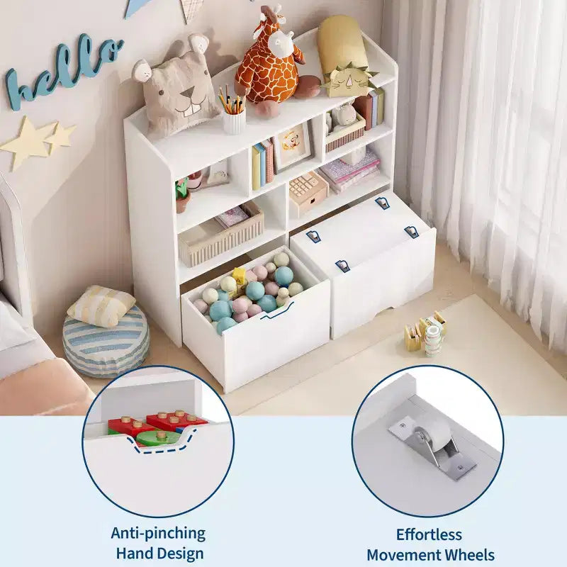 Libreria per Bambini con 5 Scomparti Aperti e 2 Cassetti con Ruote – Colore Bianco/Legno Naturale, Montaggio da 1 Persona