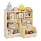 Libreria per Bambini con 5 Scomparti Aperti e 2 Cassetti con Ruote – Colore Bianco/Legno Naturale, Montaggio da 1 Persona