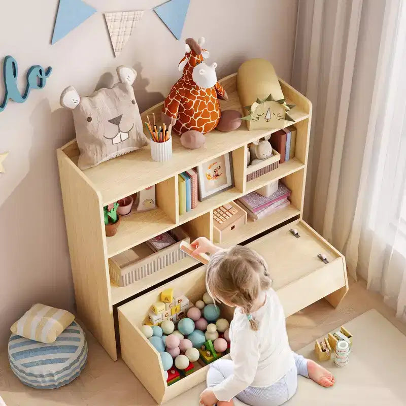 Libreria per Bambini con 5 Scomparti Aperti e 2 Cassetti con Ruote – Colore Bianco/Legno Naturale, Montaggio da 1 Persona