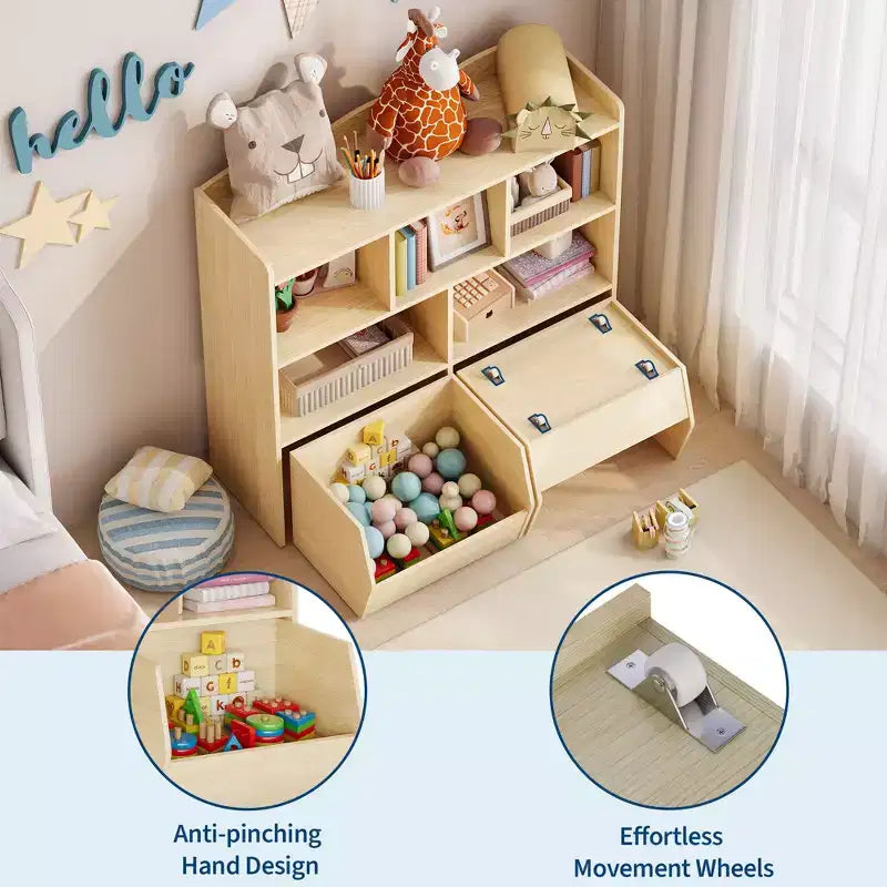 Libreria per Bambini con 5 Scomparti Aperti e 2 Cassetti con Ruote – Colore Bianco/Legno Naturale, Montaggio da 1 Persona