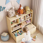 Libreria per Bambini con 5 Scomparti Aperti e 2 Cassetti con Ruote – Colore Bianco/Legno Naturale, Montaggio da 1 Persona
