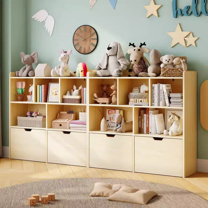 Libreria per Bambini con 5 Scomparti Aperti e 2 Cassetti con Ruote – Colore Bianco/Legno Naturale, Montaggio da 1 Persona