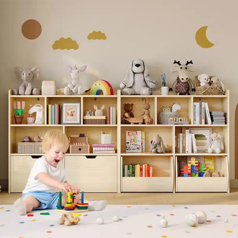 Libreria per Bambini con 5 Scomparti Aperti e 2 Cassetti con Ruote – Colore Bianco/Legno Naturale, Montaggio da 1 Persona