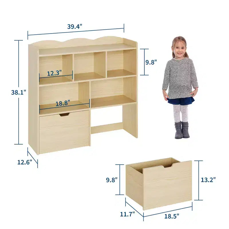 Libreria per Bambini con 5 Scomparti Aperti e 2 Cassetti con Ruote – Colore Bianco/Legno Naturale, Montaggio da 1 Persona