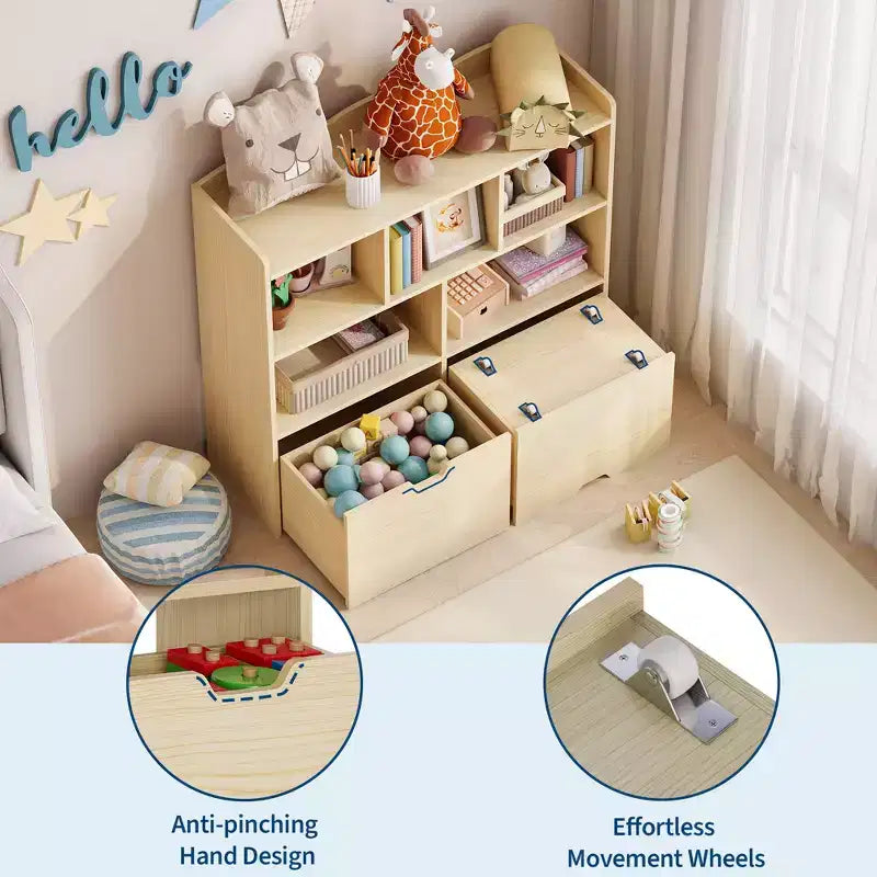 Libreria per Bambini con 5 Scomparti Aperti e 2 Cassetti con Ruote – Colore Bianco/Legno Naturale, Montaggio da 1 Persona