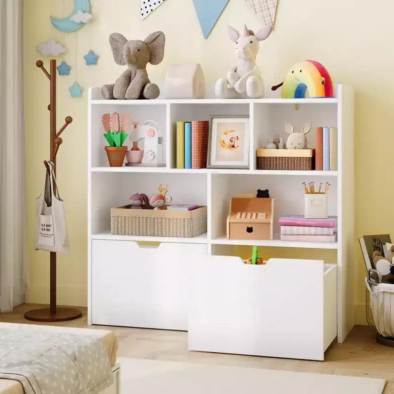 Libreria per Bambini con 5 Scomparti Aperti e 2 Cassetti con Ruote – Colore Bianco/Legno Naturale, Montaggio da 1 Persona