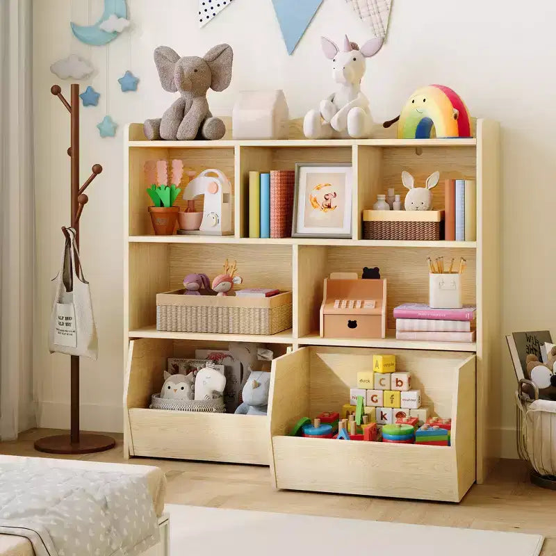 Libreria per Bambini con 5 Scomparti Aperti e 2 Cassetti con Ruote – Colore Bianco/Legno Naturale, Montaggio da 1 Persona