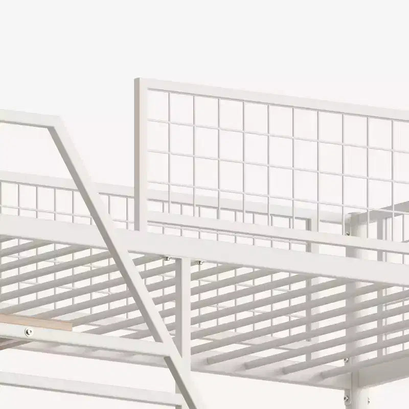Letto a soppalco in metallo bianco, una piazza, con scrivania e luci a LED, per 1 persona