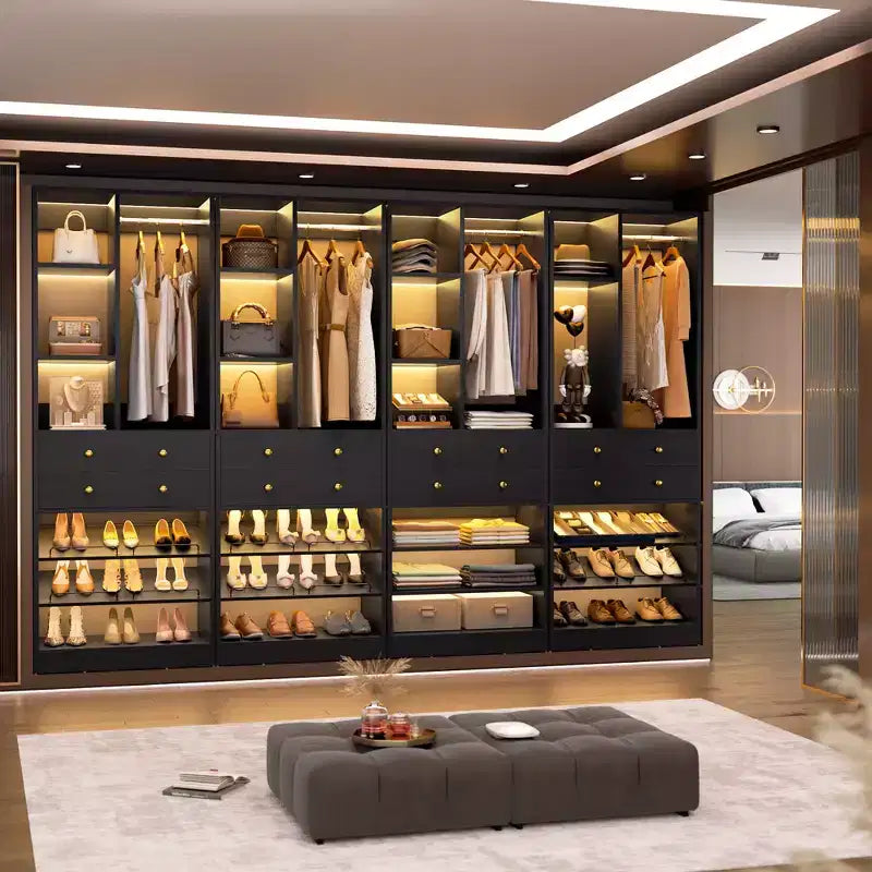 Organizzatore di Armadio Autoportante con Cassetti, Scarpiera e Asta Appendiabiti – Rovere Beige / Nero / Grigio / Bianco