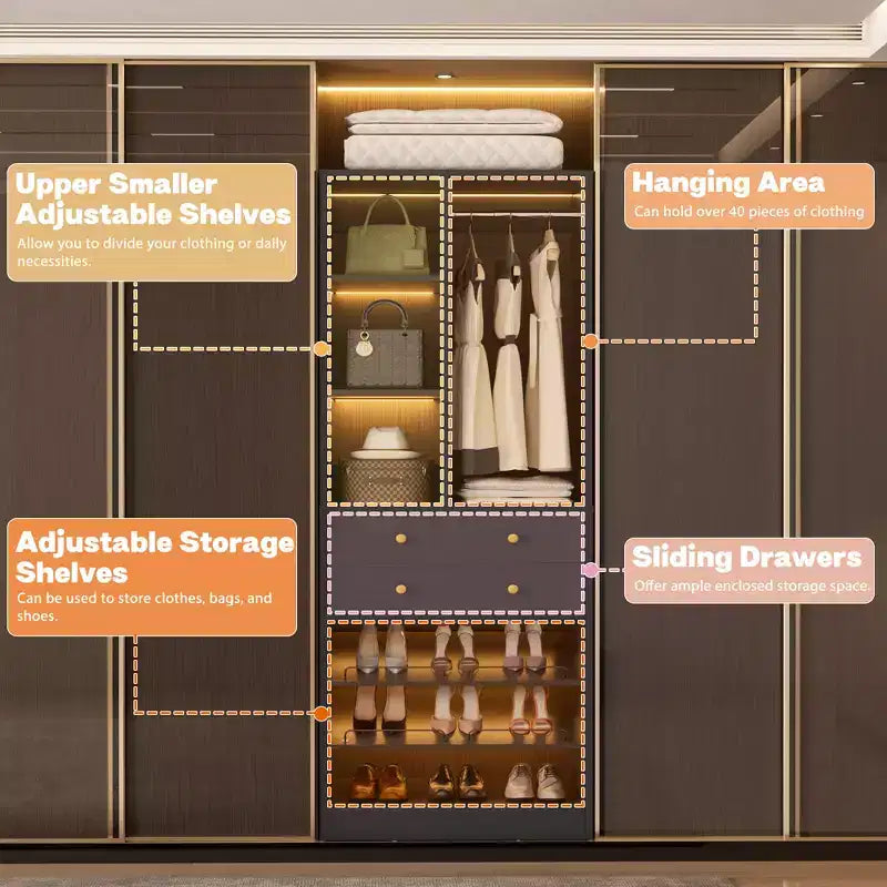 Organizzatore di Armadio Autoportante con Cassetti, Scarpiera e Asta Appendiabiti – Rovere Beige / Nero / Grigio / Bianco