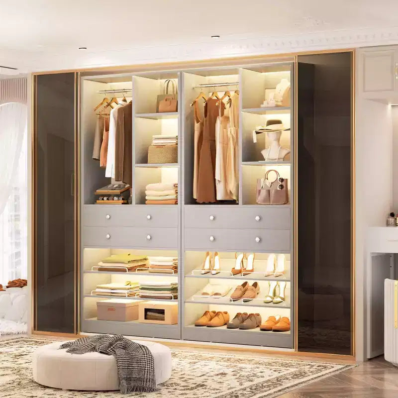 Organizzatore di Armadio Autoportante con Cassetti, Scarpiera e Asta Appendiabiti – Rovere Beige / Nero / Grigio / Bianco