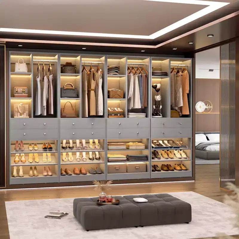 Organizzatore di Armadio Autoportante con Cassetti, Scarpiera e Asta Appendiabiti – Rovere Beige / Nero / Grigio / Bianco