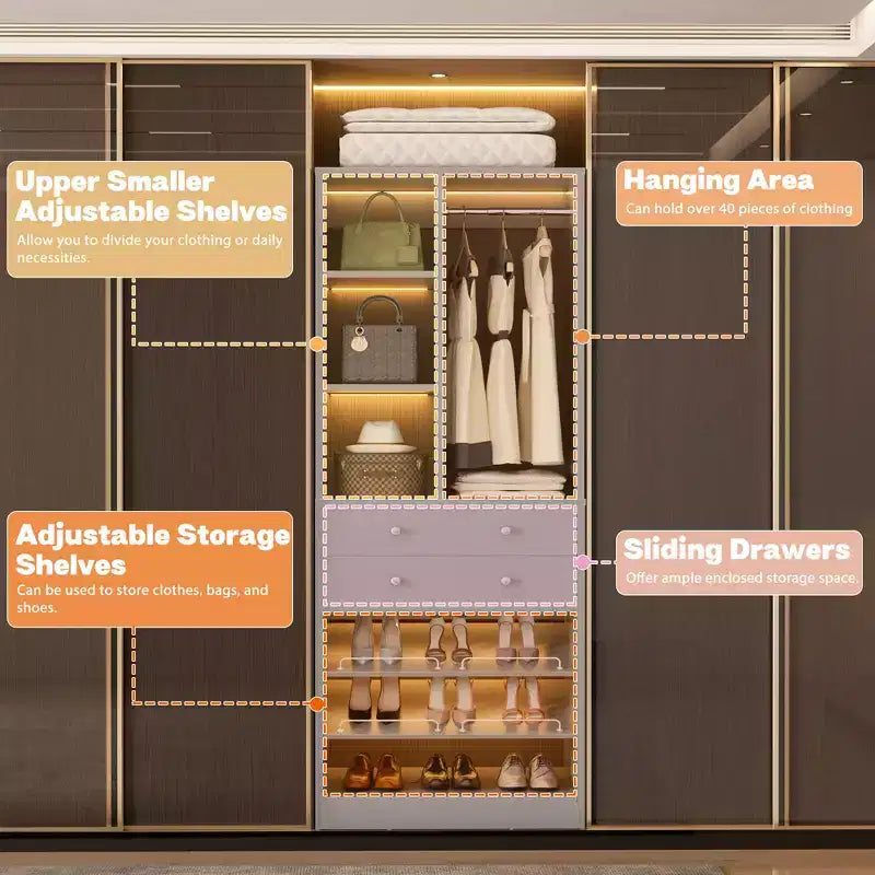 Organizzatore di Armadio Autoportante con Cassetti, Scarpiera e Asta Appendiabiti – Rovere Beige / Nero / Grigio / Bianco