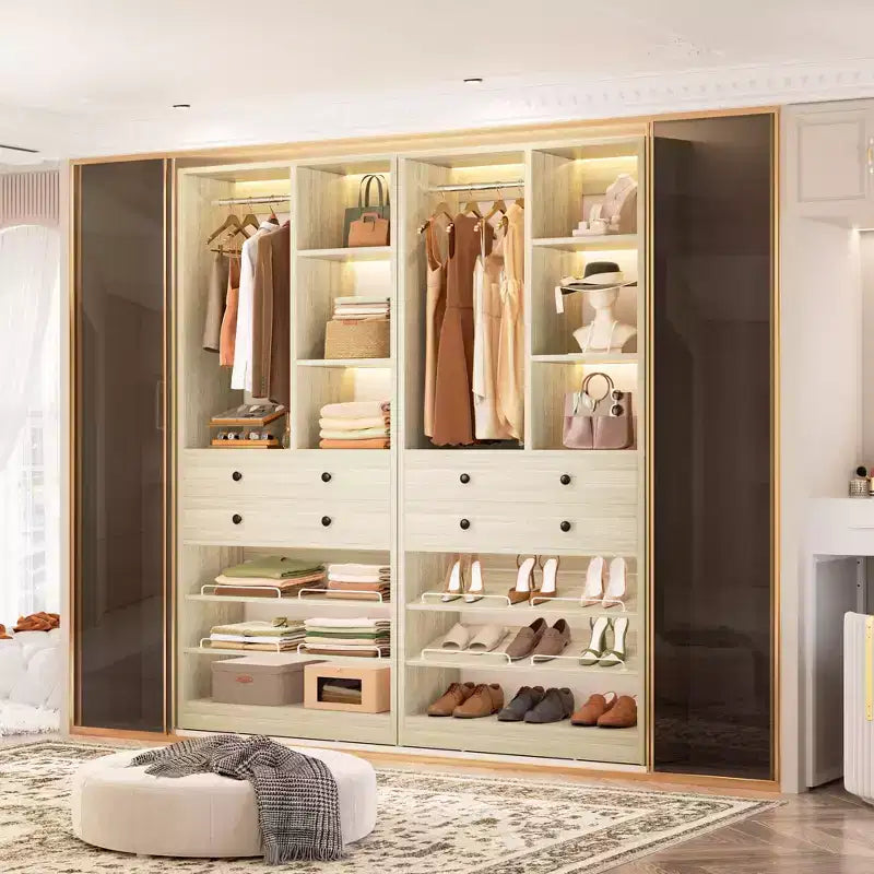 Organizzatore di Armadio Autoportante con Cassetti, Scarpiera e Asta Appendiabiti – Rovere Beige / Nero / Grigio / Bianco