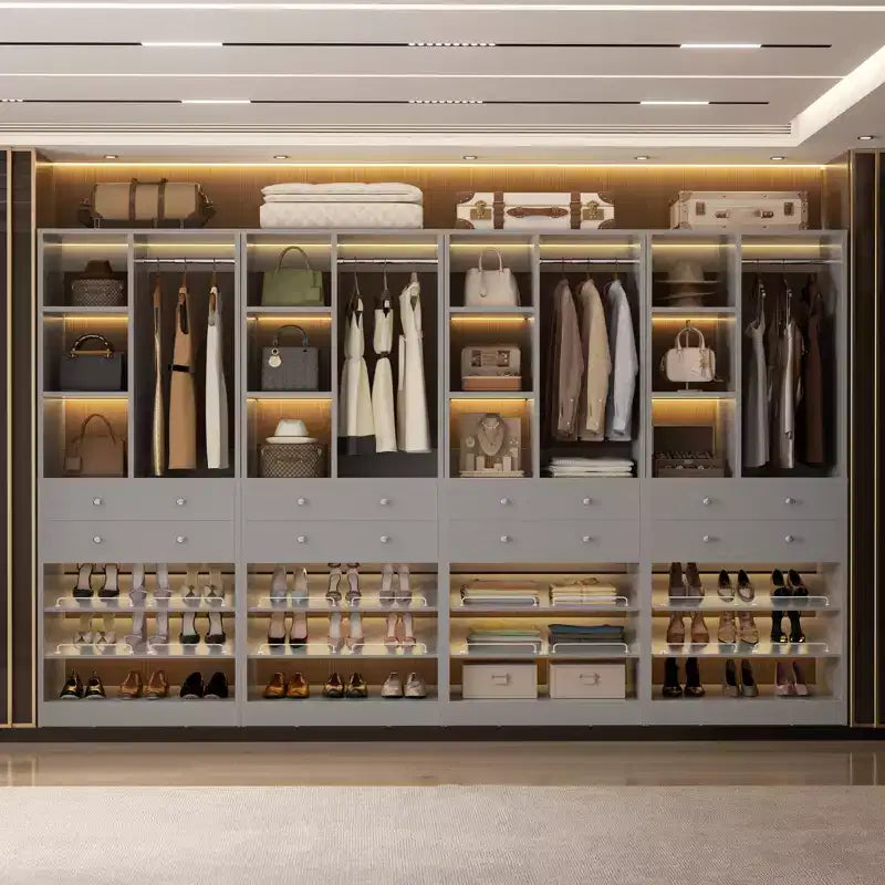 Organizzatore di Armadio Autoportante con Cassetti, Scarpiera e Asta Appendiabiti – Rovere Beige / Nero / Grigio / Bianco