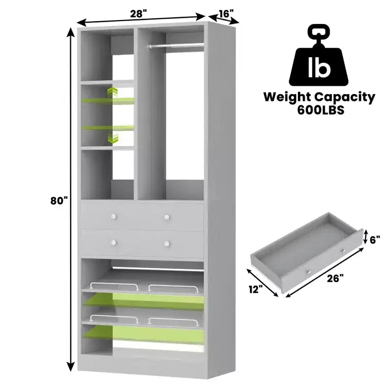 Organizzatore di Armadio Autoportante con Cassetti, Scarpiera e Asta Appendiabiti – Rovere Beige / Nero / Grigio / Bianco
