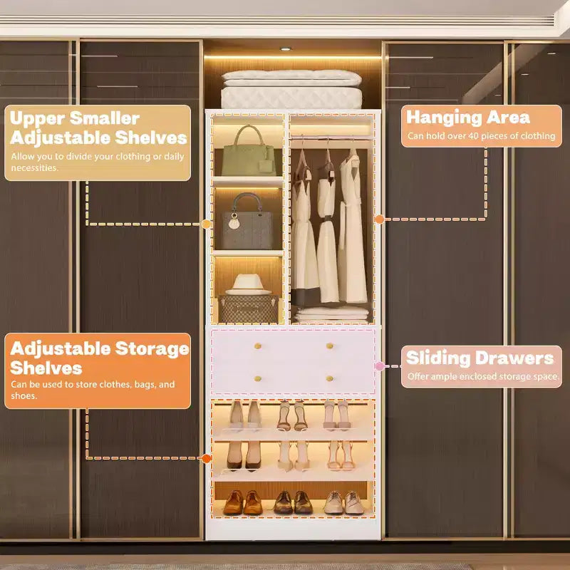 Organizzatore di Armadio Autoportante con Cassetti, Scarpiera e Asta Appendiabiti – Rovere Beige / Nero / Grigio / Bianco