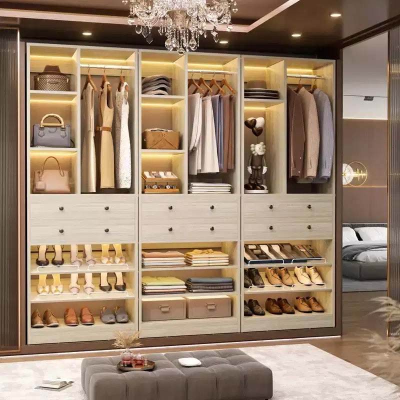 Organizzatore di Armadio Autoportante con Cassetti, Scarpiera e Asta Appendiabiti – Rovere Beige / Nero / Grigio / Bianco