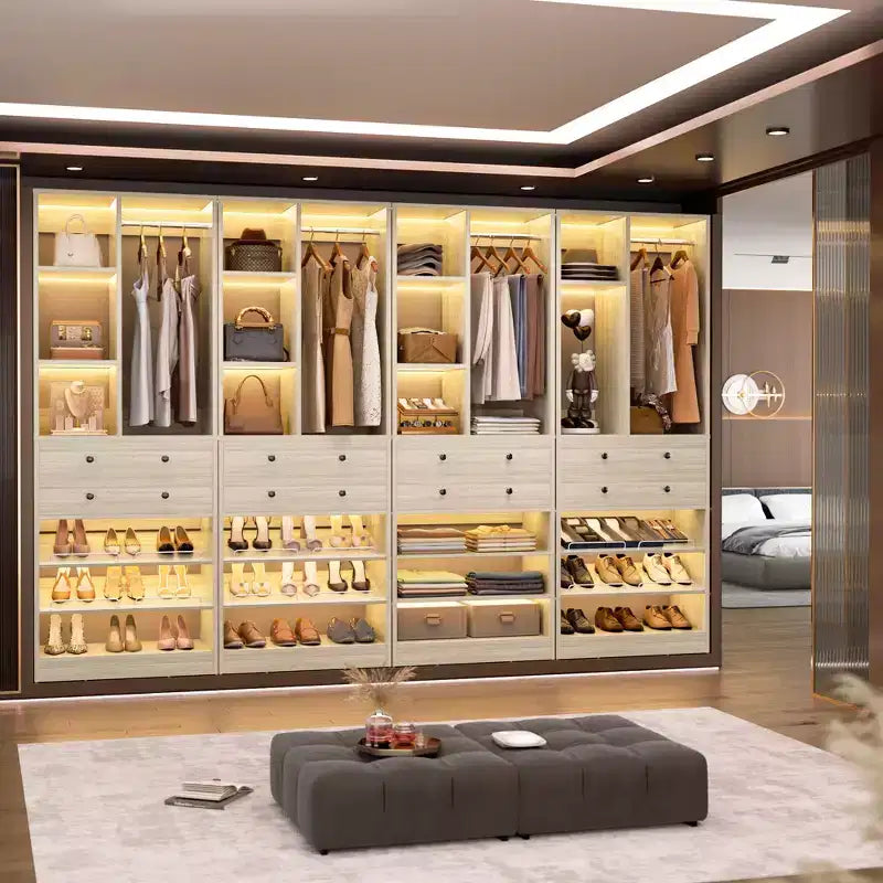 Organizzatore di Armadio Autoportante con Cassetti, Scarpiera e Asta Appendiabiti – Rovere Beige / Nero / Grigio / Bianco