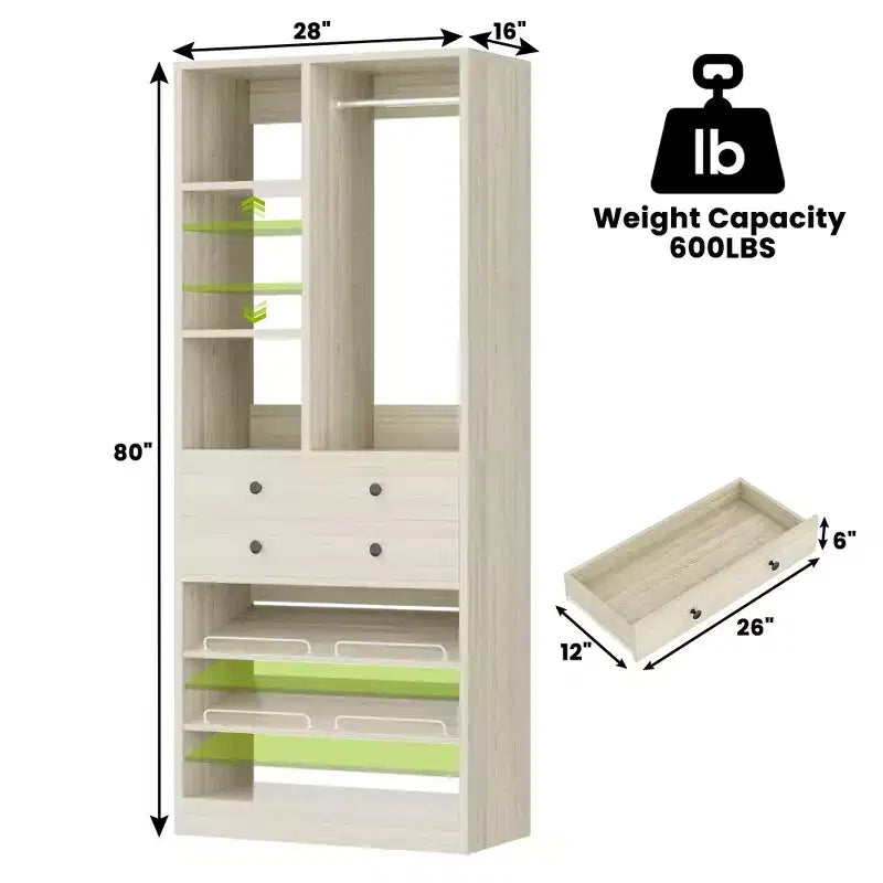 Organizzatore di Armadio Autoportante con Cassetti, Scarpiera e Asta Appendiabiti – Rovere Beige / Nero / Grigio / Bianco