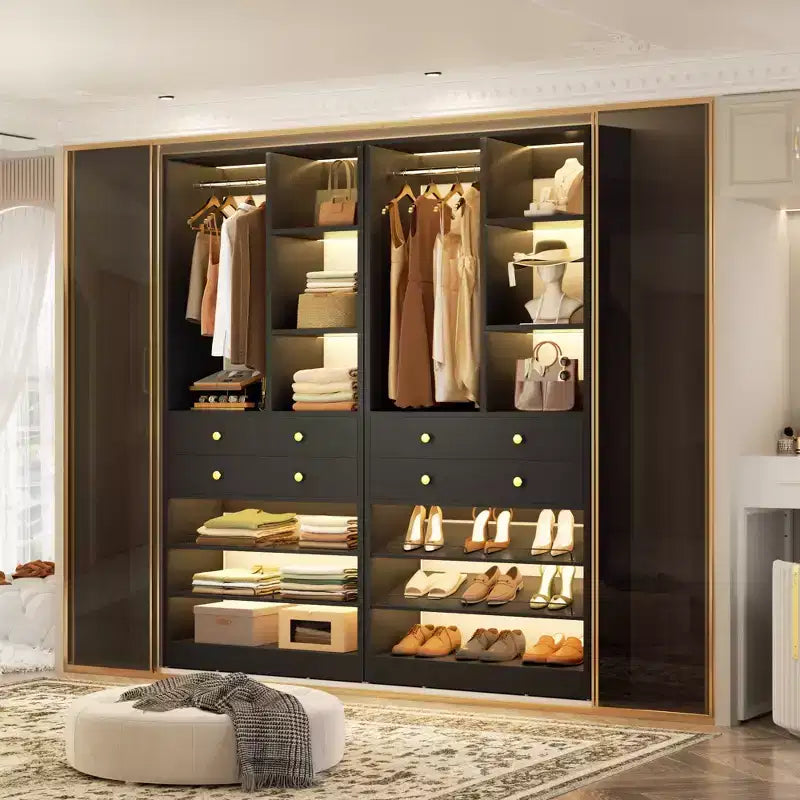 Organizzatore di Armadio Autoportante con Cassetti, Scarpiera e Asta Appendiabiti – Rovere Beige / Nero / Grigio / Bianco