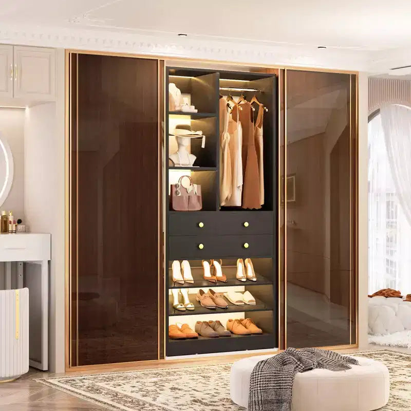 Organizzatore di Armadio Autoportante con Cassetti, Scarpiera e Asta Appendiabiti – Rovere Beige / Nero / Grigio / Bianco
