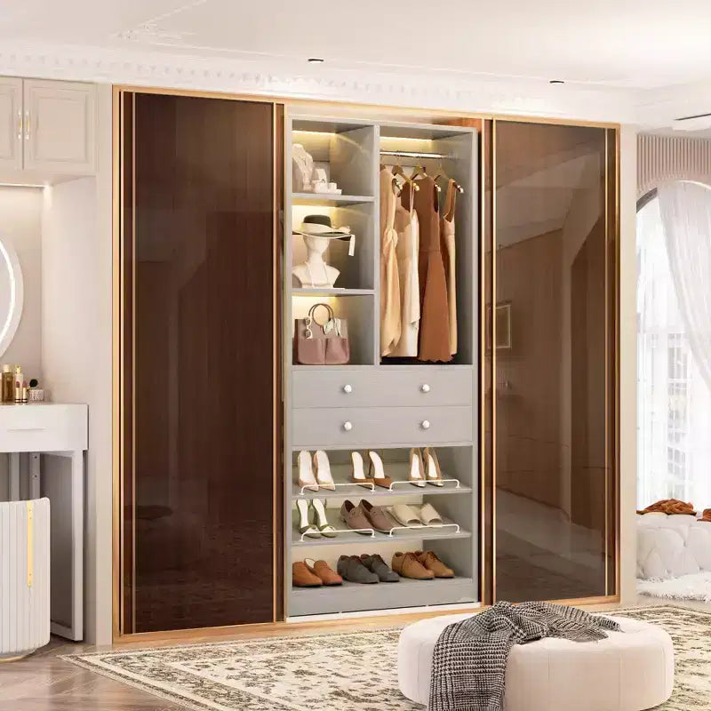 Organizzatore di Armadio Autoportante con Cassetti, Scarpiera e Asta Appendiabiti – Rovere Beige / Nero / Grigio / Bianco