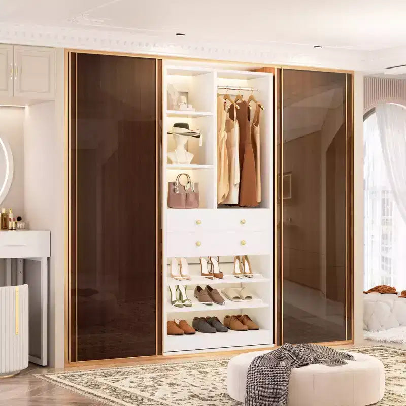 Organizzatore di Armadio Autoportante con Cassetti, Scarpiera e Asta Appendiabiti – Rovere Beige / Nero / Grigio / Bianco