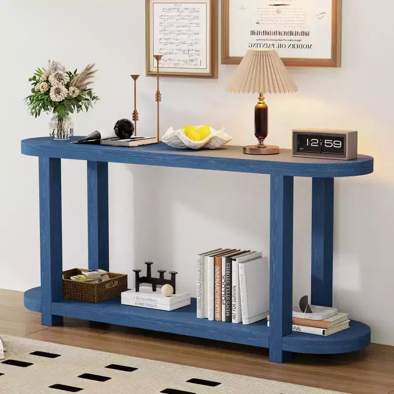 Consolle stretta con ripiano inferiore, nero / naturale / blu navy, montaggio da 1 persona, 160 cm L