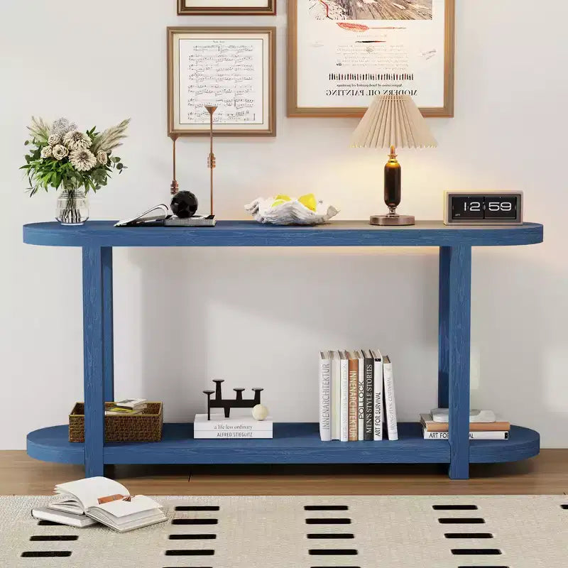 Consolle stretta con ripiano inferiore, nero / naturale / blu navy, montaggio da 1 persona, 160 cm L
