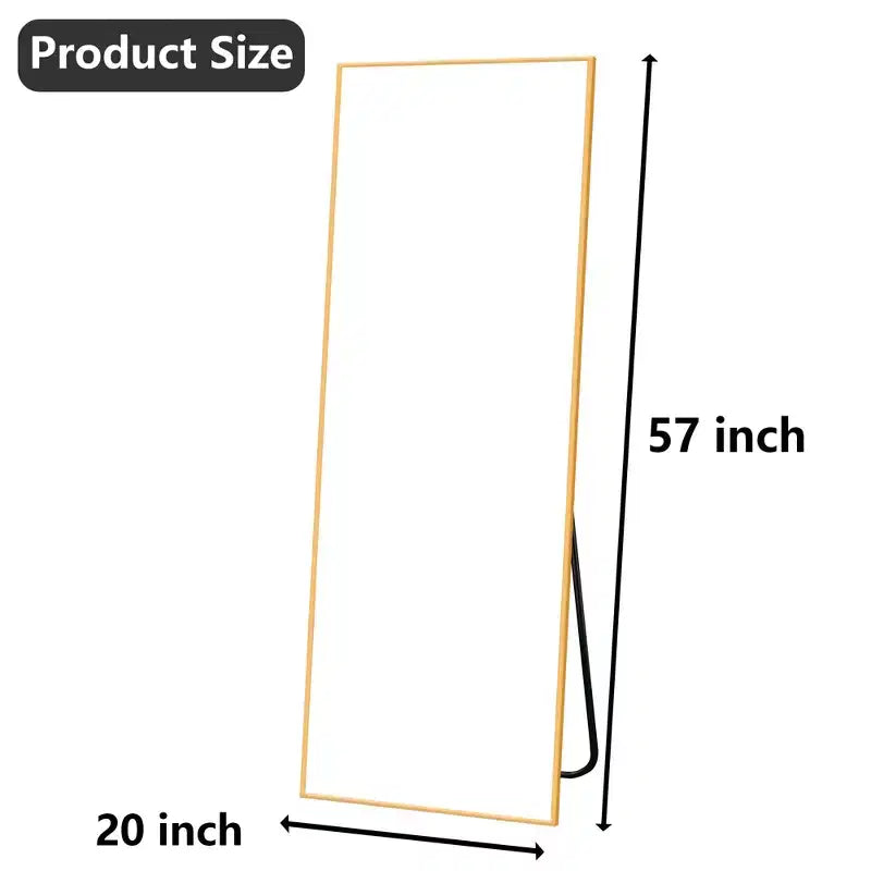 MAYEERTY Aluminum Full-Length Mirror 57x20in, Gold, Right Angle, Tempered Glass, With Stand