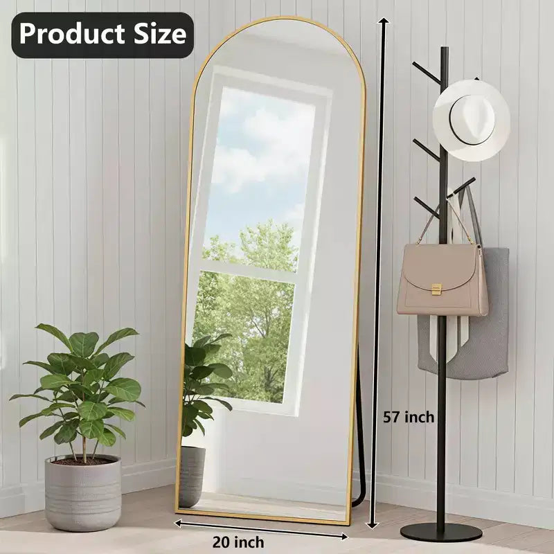 Specchio a figura intera ad arco dorato, 145×50 cm, cornice in alluminio, con supporto