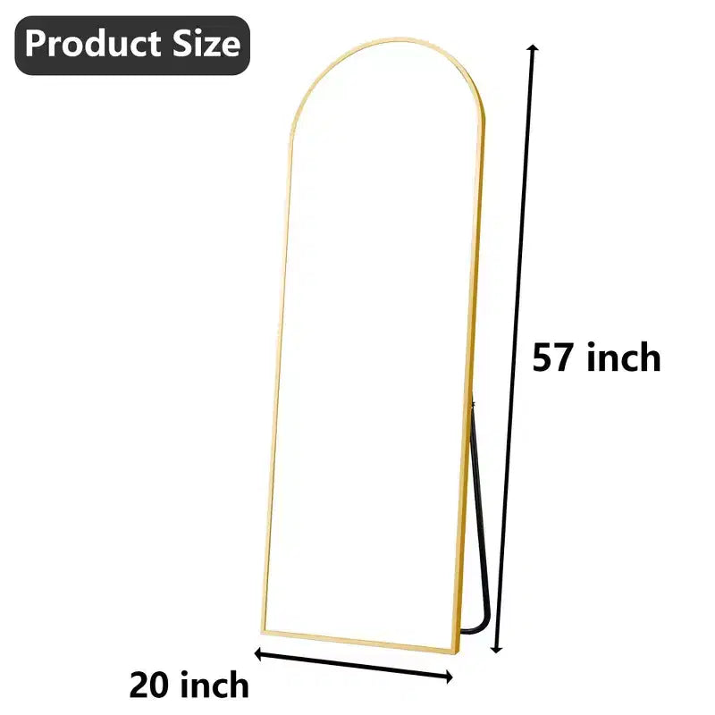 Specchio a figura intera ad arco dorato, 145×50 cm, cornice in alluminio, con supporto