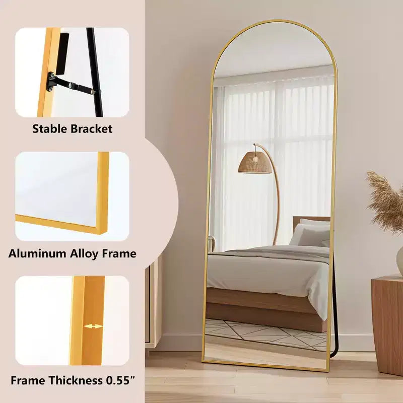 Specchio a figura intera ad arco dorato, 145×50 cm, cornice in alluminio, con supporto