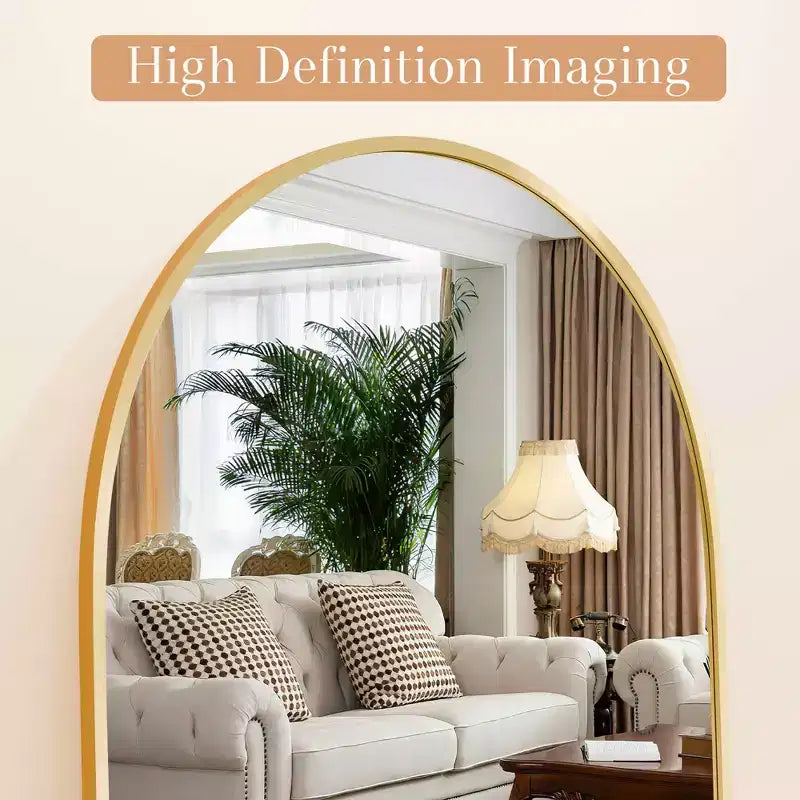 Specchio a figura intera ad arco dorato, 145×50 cm, cornice in alluminio, con supporto