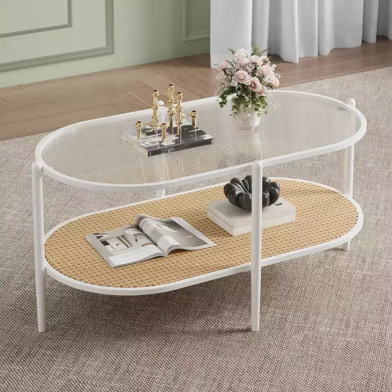 Tavolino da caffè in rattan a 2 livelli nero e giallo / bianco e giallo con piano in vetro temperato