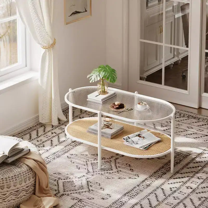 Tavolino da caffè in rattan a 2 livelli nero e giallo / bianco e giallo con piano in vetro temperato
