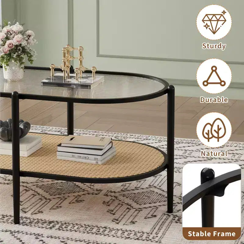 Tavolino da caffè in rattan a 2 livelli nero e giallo / bianco e giallo con piano in vetro temperato