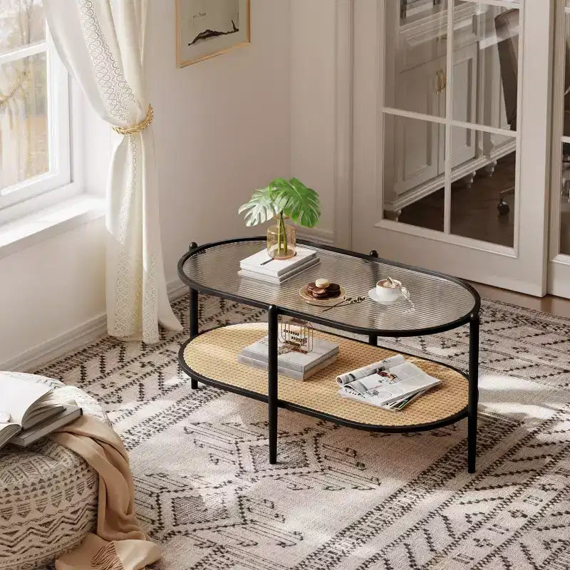 Tavolino da caffè in rattan a 2 livelli nero e giallo / bianco e giallo con piano in vetro temperato