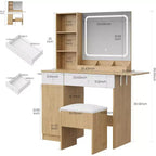 Scrivania trucco (vanity desk) bianca/marrone naturale/rosa con specchio LED, cassetti e stazione di ricarica – 1 persona