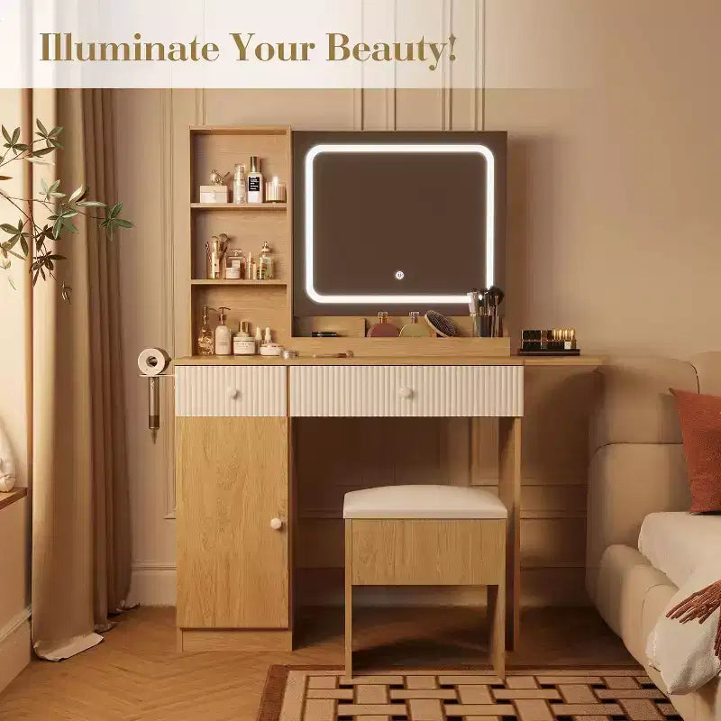 Scrivania trucco (vanity desk) bianca/marrone naturale/rosa con specchio LED, cassetti e stazione di ricarica – 1 persona