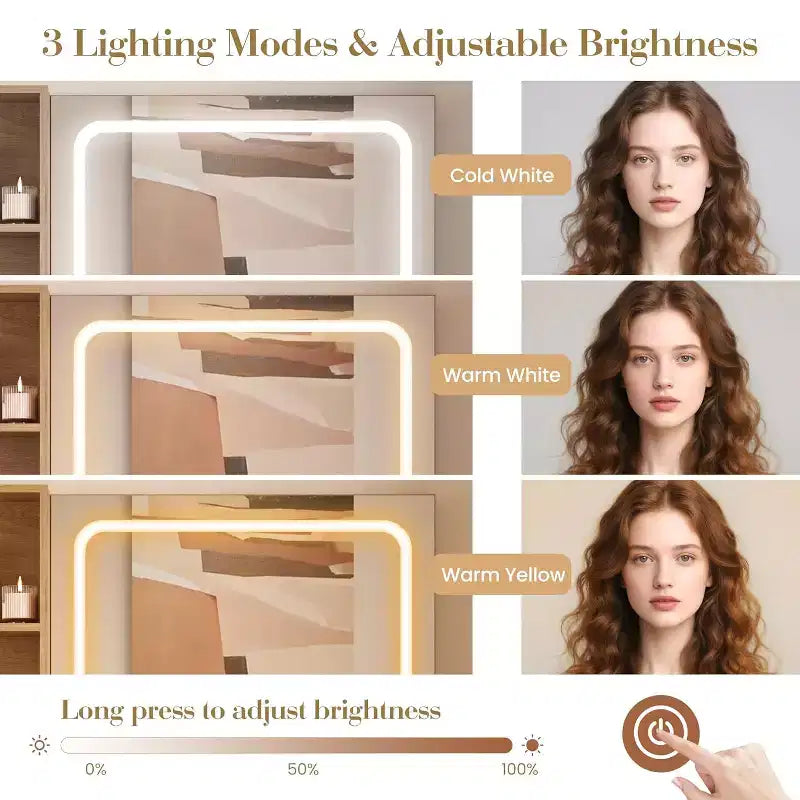 Scrivania trucco (vanity desk) bianca/marrone naturale/rosa con specchio LED, cassetti e stazione di ricarica – 1 persona